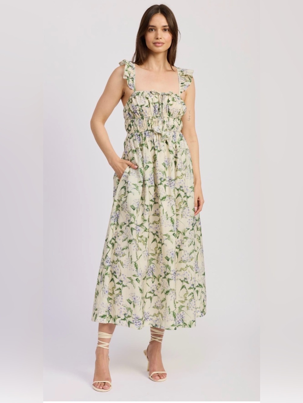 NWT En Saison Charleston Ruffle Shirred Midi Sundress
